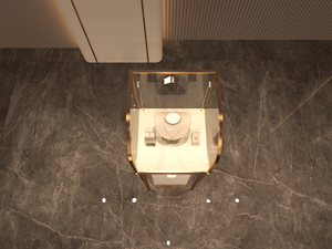 Vitrine de présentation de bijoux en verre avec cadre doré et base cannelée blanche pour boutique de bijouterie - Product Image 1