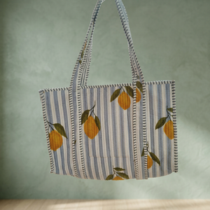 Bolsa de Mano de Algodón a Rayas Azul Cielo de Diseño Moderno con Estampado de Limones, Estilo Bohemio, Casual de Verano, Abierta, para Compras, para Mujer - Product Image 2