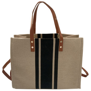 Women's Tote <b>Bag</b> <b>Canvas</b> Navy Blue And Black Stripes <b>Large</b> Capacity Magnetic Buckle Everyday Use Summer 2024 - Product Image 4