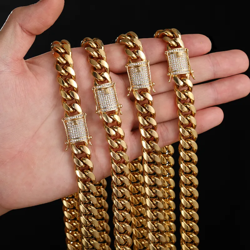 Jewelry Wholesale Iced Out Cuban Chain Necklace Luxury 18K PVD Gold Plated 316L Stainless Steel Men Cuban Link Chain