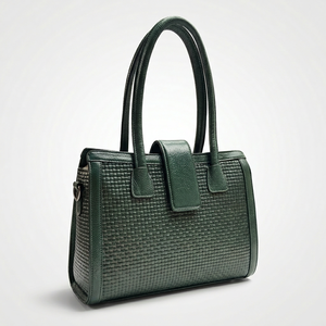 Sac fourre-tout pour femme en cuir véritable vert, motif losanges, deux poignées, fermeture à glissière et fermoir, usage quotidien - Product Image 1