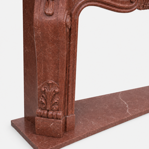 Chimenea tradicional de mármol con tallado ornamentado, de mármol Rosso Levanto, para interiores, con estufa de leña para comedor. - Product Image 5