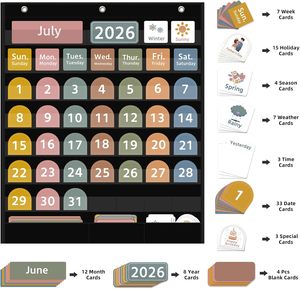 2026 Large Boho <b>Calendar</b> Pocket Chart with 96 Cards for Classroom, Black Monthly <b>Calendar</b> and Weather Pocket Chart - Product Image 3