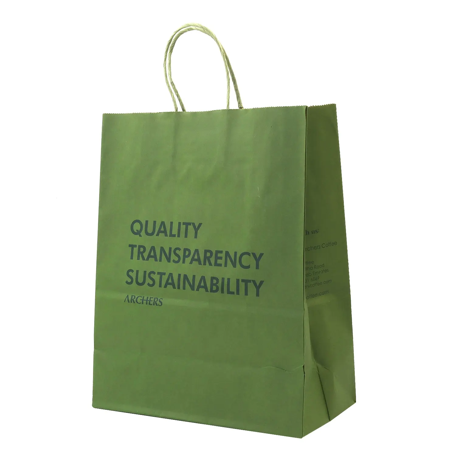 Ucuz orta boy kendi Logo alışveriş parti taşıma torbaları düz yeşil büyük bükülmüş kolları 25kg Kraft kağıt torba için Tshirt