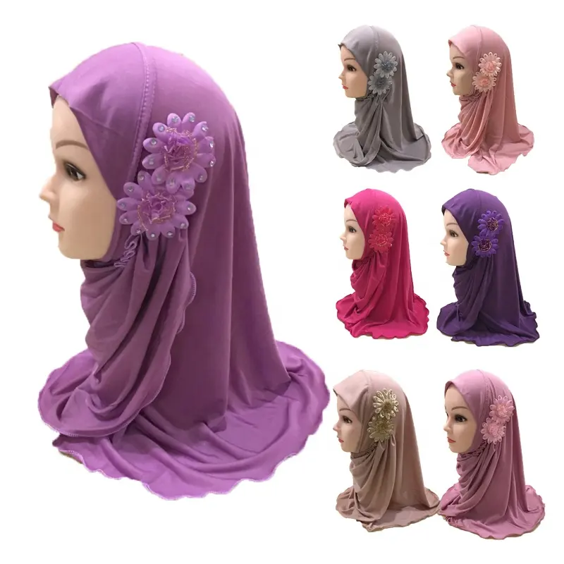 Оптовая продажа, Детские хиджабы из полиэстера, однотонные, с цветочной вышивкой, Детские хиджабы, детский малазийский тюрбан, шапка, детский хиджаб