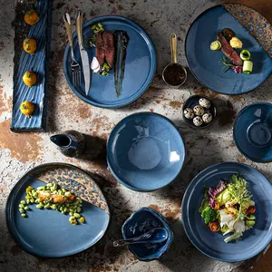 Portuguese Art Decor Embossed Dinner Plate Glossy Blue Glaze Marble Design Porcelain Plates Sets Dinnerware For Hotel Restaurant