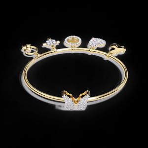 SHREERAJ SOLITAIRE Designer Sterling <b>Silver</b> Gold Heart <b>Charm</b> <b>Bracelet</b> Set with Key Lock Diamond Bangle Gift <b>for</b> Women - Product Image 2