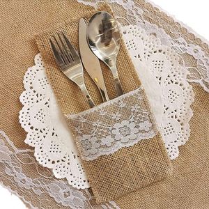Wedding Party <b>Table</b> Setting Decorations Knife Fork With Lace Design Natural Hessian Burlap Utensil Holders - Product Image 1