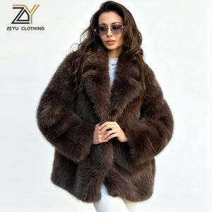 Manteau d'hiver chaud et épais pour <span class=keywords><strong>femme</strong></span> en fausse fourrure de renard marron foncé, mi-long, à grand col, ouvert sur le devant, veste moelleuse et oversize pour le quotidien - Product Image 1