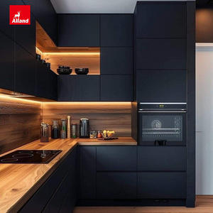 Alland Contreplaqué en forme de L Laque noire <span class=keywords><strong>Verre</strong></span> moderne Armoires de cuisine modulaires personnalisées - Product Image 4