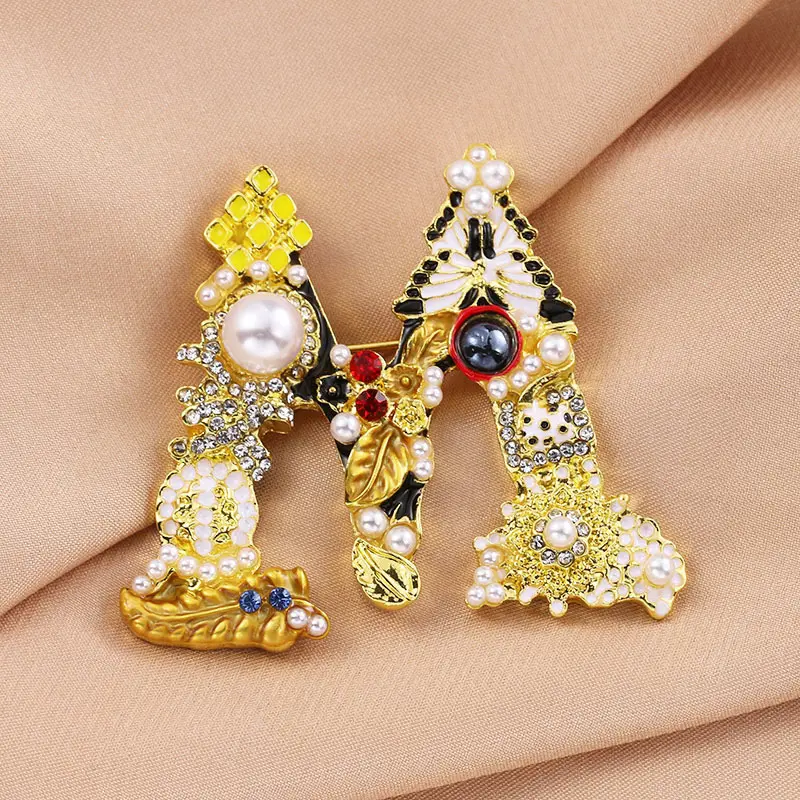 Jachon Vintage letter brooches high-quality personality crystal letter silk scarf brooch pin for women accessories dress suit