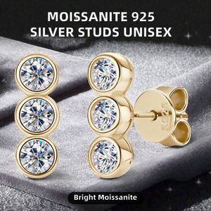 925 Sterling Silver <b>Moissanite</b> Stud <b>Earrings</b> | Bezel Set Round Brilliant Geometric Jewelry Women Wedding Gift Classic Sparkle - Product Image 2