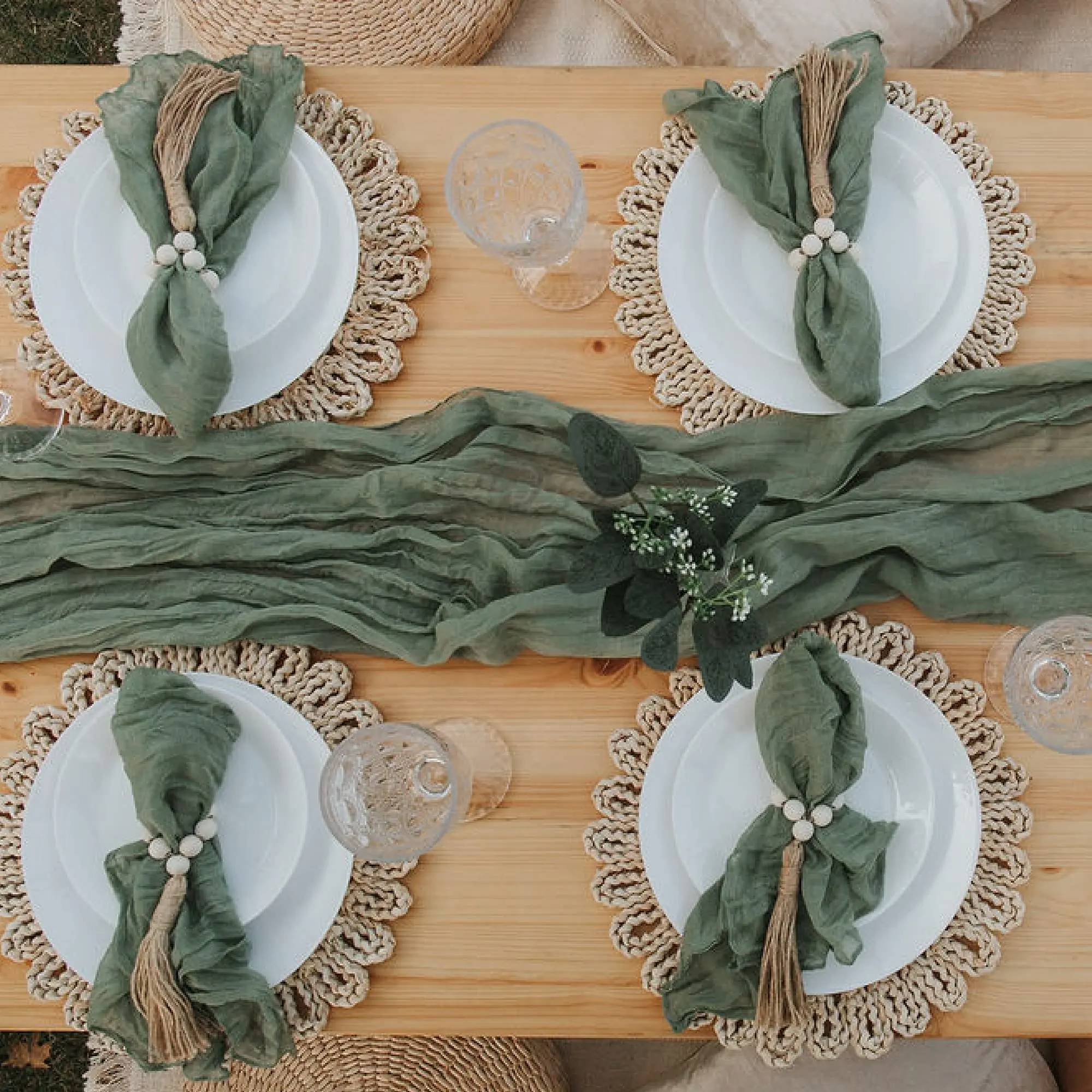 Gauze Boho Table Runners Cheesecloth Table Runner + 10 Napkins Sage Green Table Runner Wedding Decorations for Reception