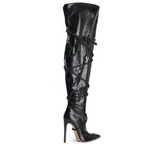 Bottes hautes tendance à imprimé mode avec lanières, grande taille 43, pour femme, à talon fin, bout pointu, cuissardes longues - Product Image 4