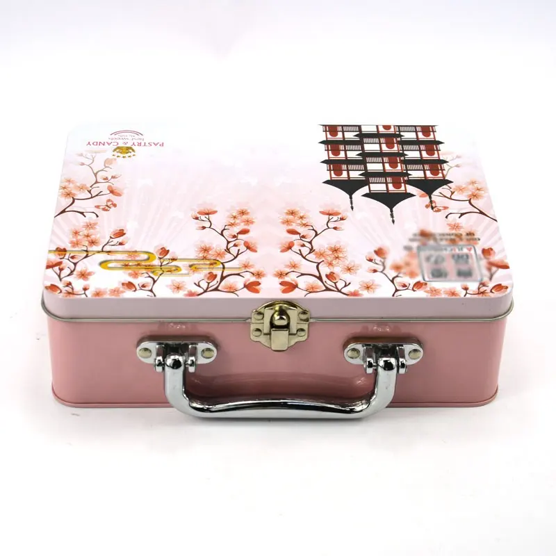 Custom metal lunch tin box hinged lid suitcase with handle