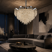 Lustre moderne de luxe GRSD à pampilles ondulées en cristal, corps en fer doré, taille moyenne, LED à intensité variable, garantie 2 ans pour salon