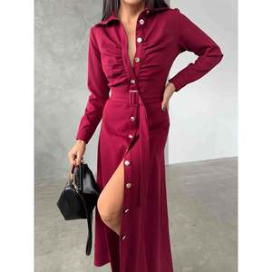 Robe chemise Edge pour femme, manches longues, boutonnée sur le devant, longueur midi, avec ceinture et fente, taille S - Product Image 3