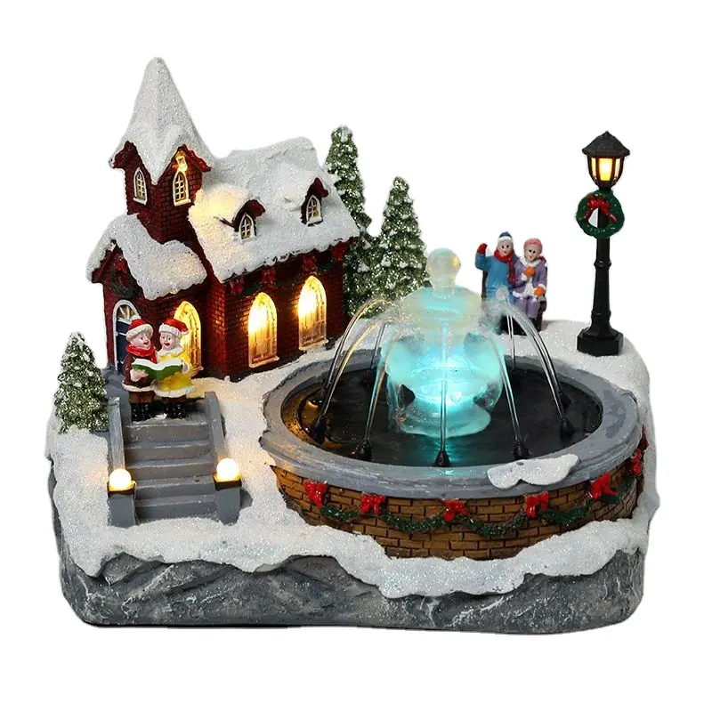 Creative Christmas Decoration Christmas Village House Set With Led Water Fountain Snow Scene Decoration