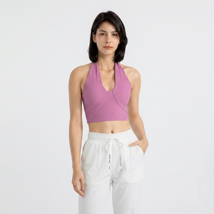 Women Ribbed Halter Crop Tank <b>Top</b> Deep V Neck Built In Padded Slim Yoga <b>Top</b> <b>Low</b> Impact Gym Workout Fitness Vest Wholesale - Product Image 3
