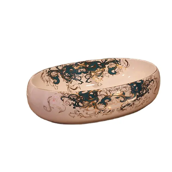 Jingdezhen Luxus Modern Aus gezeichnet Oval Vergoldet und Grün Buntes Muster Waschbecken Keramik Waschbecken