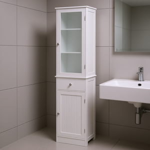 Armoire de rangement de salle de bain blanche, mince et haute, avec porte en acrylique, tiroir et étagères pour petits espaces - Product Image 2