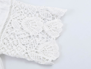 Chemisier à col en V boutonné <span class=keywords><strong>blanc</strong></span> à manches courtes en <span class=keywords><strong>dentelle</strong></span> florale, décontracté et tendance pour femme - Product Image 6