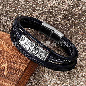 สร้อยข้อมือหนังถักทำมือสำหรับผู้ชาย พร้อมจี้เข็มทิศสแตนเลส ตัวล็อคแม่เหล็ก ของขวัญเครื่องประดับ ขนาด 19 ซม. 21 ซม. 23 ซม. - Product Image 2