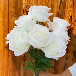L22100 Bunte dekorative Zinnober-Hochzeits dekore Künstliche Rosen blumen mit Blättern 9 Köpfe Seiden rote Rosen bündel blumen