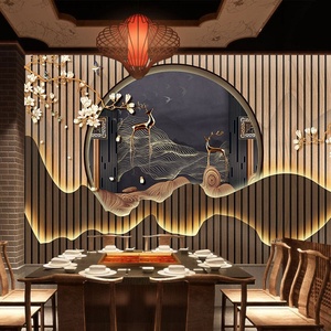 Carta <span class=keywords><strong>da</strong></span> Parati 3D Cinese per Soggiorno e Sala <span class=keywords><strong>da</strong></span> Tè, Decorazione Murale con Griglie in Legno e Paesaggio Montano con Cervi - Product Image 2