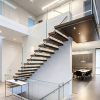 Escalier sur mesure en verre avec marches et contremarches en chêne blanc, structure en acier droite à monopoutre, pour intérieur, fabrication chinoise
