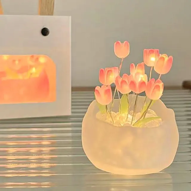 LED 핑크 튤립 DIY 야간 조명 로맨틱 튤립 호박 컵 조명 창조적 인 램프 실내 장식