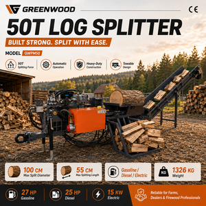 Fendeuse <span class=keywords><strong>de</strong></span> bois hydraulique GWPM50 <span class=keywords><strong>de</strong></span> <span class=keywords><strong>50</strong></span> tonnes avec convoyeur, alimentation essence, diesel ou électrique - Product Image 1