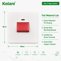 Interrupteur mural isolant Kolani British Standard 45A avec indicateur néon, 90x86mm, blanc brillant, PC, interrupteur à bascule rouge DP pour cuisinière