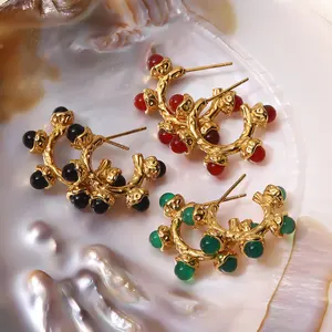 Perhiasan Anting-Anting Hoop Baja Tahan Karat Berlapis Emas 18K Tidak Beraturan Batu Alam Giok Klasik