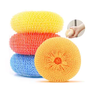 Handled Colorful Kitchen Cleaning Plastic pp Mesh Ball Sponge Scourer