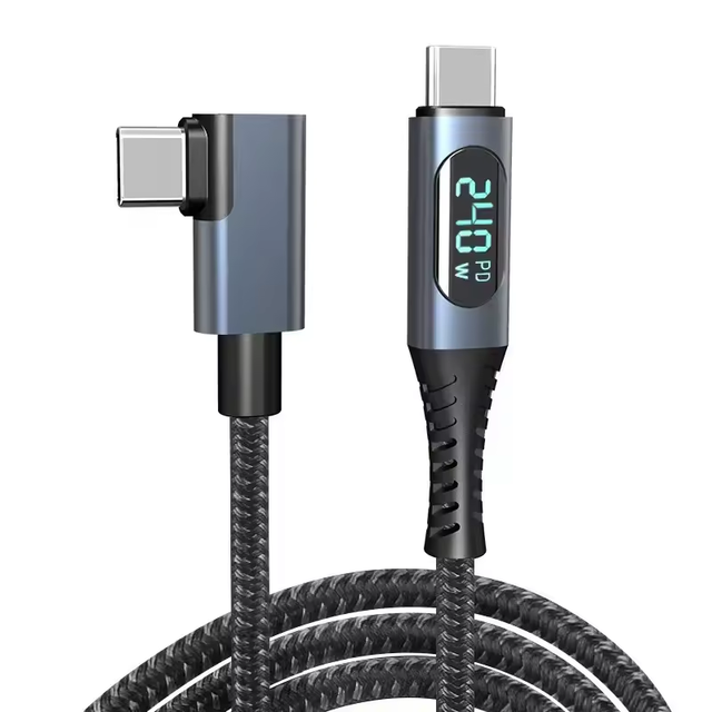Right Angle Type-C to Type-C Cable 240W PD Fast Charging with LED Display Metal & Nylon Braided for Mobile Phone and Laptop