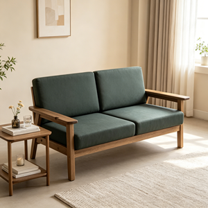 Sofá de Dos Plazas con Estructura de Madera de Nogal Oscuro Premium, Sofá Compacto de Tela Verde Oscuro de Estilo Minimalista Japonés - Product Image 1