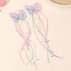 Pince à cheveux populaire faite à la main en tissu, avec pampilles papillon colorées super féériques, nœud perlé pour petite princesse, épingle à cheveux pour enfants - Product Image 4