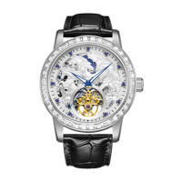 Jam Tangan Pria Mewah Model Flywheel Kristal Emas Tali Kulit Otomatis Mekanik Bercahaya Sport Stainless 20mm