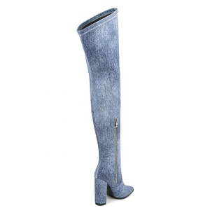 Women Over Knee High <b>Boots</b> Denim Upper Thigh High Side Zip Long Booties Large Size 47 for Wide Leg Jeans Chunky Heels Shoes - Product Image 6