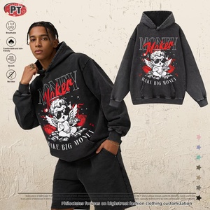 <span class=keywords><strong>Felpa</strong></span> con Cappuccio Personalizzata con Stampa Effetto Usurato, Stampa Occhiali da Sole e Angelo, Scritta con Caratteri, Vestibilità Ampia, Lavaggio Acido - Product Image 1