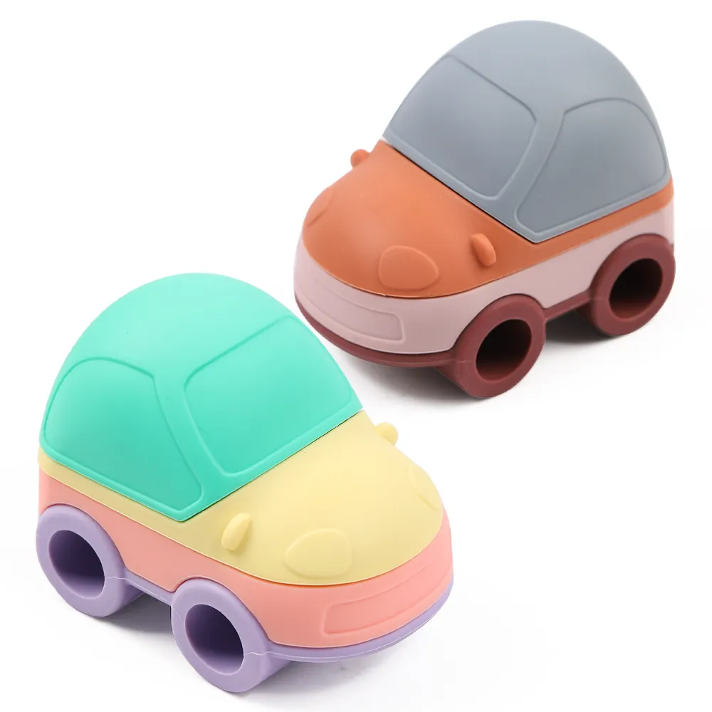 Newsun New Patent Kids Toy 4-Pcs Silicone Stacking Car Toy Baby Soft Toys Sensory Silicone Educational Building Blocks