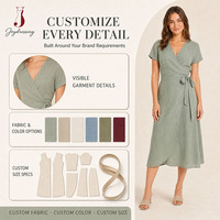 Pabrik Joydressing Gaun Linen Wanita Custom Model Wrap Polos Lengan Pendek Berkerah V Ikat Pinggang Musim Panas Kasual Midi Robe OEM