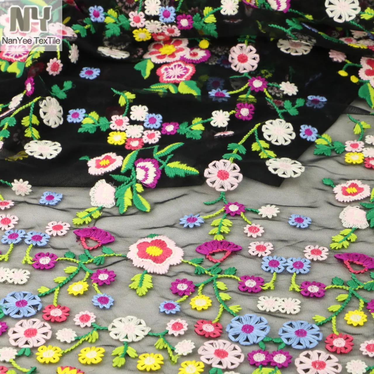 Nanoyee — tissu à filet brodé avec fleurs, multicolore, Textile avec fils brodés