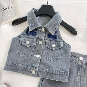 Traje de Mezclilla para Niñas, Verano 2025, Nuevo <span class=keywords><strong>Chaleco</strong></span> con Solapa, Top con Estampado de Letras, Pantalones Cortos, Estilo de Comercio Exterior - Product Image 3