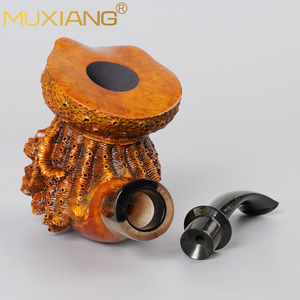 Muxiang Davy Jones Briar Wood Pipe Octopus Style Bent Type Tobacco Pipe Bronze Colored Carved Bull Horn - Product Image 4