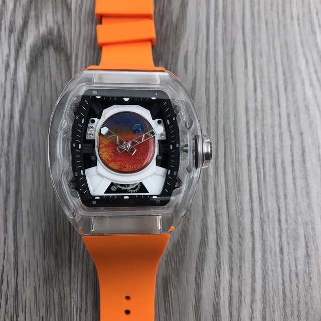Top Quality Fashion Watch 5206 Orange Red Transparent Case Automatic Winding Men Mechanical Watch Waterproof Sports Men Watch