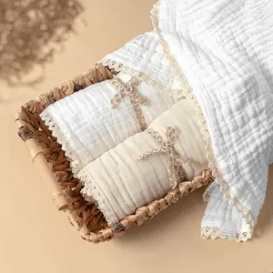 New style 100% organic cotton 6 Layer Super Soft Receiving breathable lace baby muslin swaddle blanket