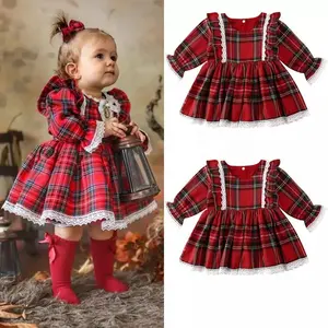 Moda noel Toddler bebek bebek kız noel giysileri uzun kollu dantel Tutu bir çizgi ekose sonbahar elbise