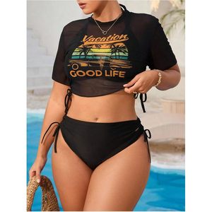 Women's Plus Size 3 Piece <b>Bikini</b> Set With Crop Top Halter <b>String</b> Swimwear Beachwear Spandex Polyester Digital Print - Product Image 3